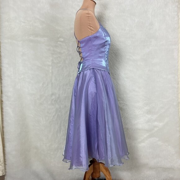 Vintage 80s 90s Cache Shimmer Lilac Purple Organza Lace Up Dress Fairy 6 - Picture 4 of 8